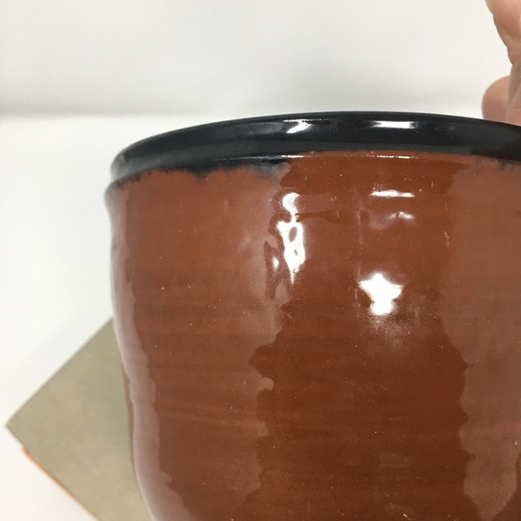 Hand Thrown Earthenware Ceramic Red Black Rimmed Bowl Cachepot Vase Planter - Picture 7 of 16